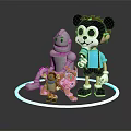 Cartoon Character With Headphones And Robot Standing With Small Figures On Blue Ring Base