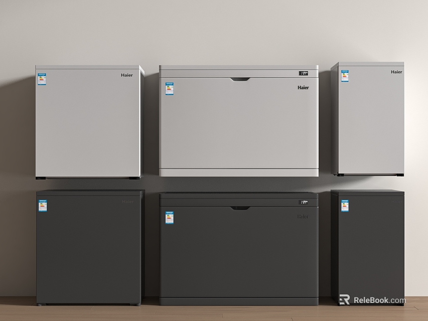 Multiple Silver and Black Upright Refrigerators and Freezers in Modern 3d model 