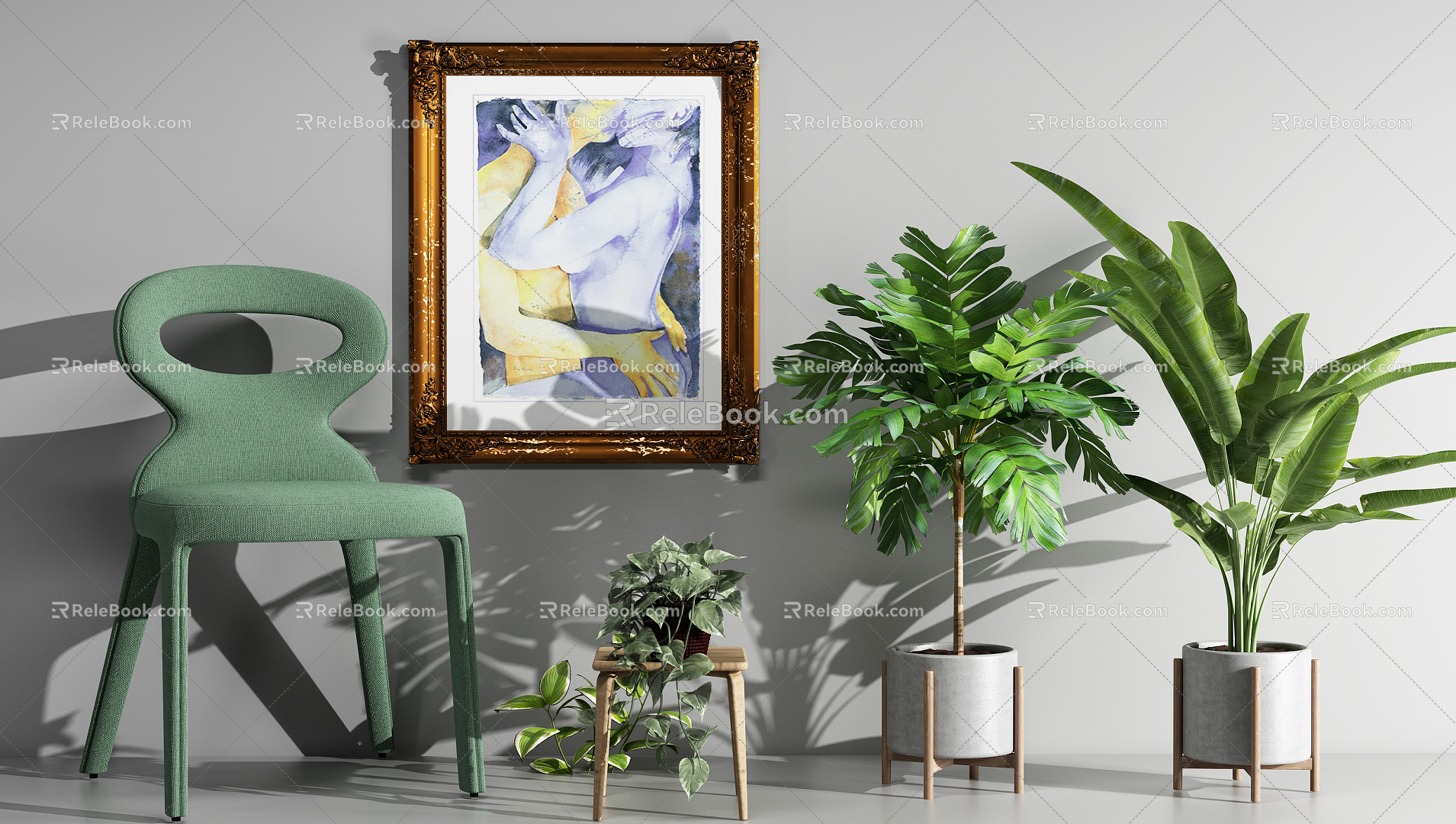 Modern Bar Chair Green Plant Hanging Painting Single Chair Combination 3d model