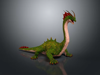 Green Fantasy Dragon Character With Red Spikes Long Neck And Scaled Body 3D Render 3d model