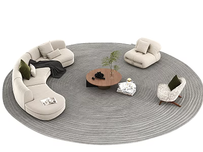 Cozy Modern Sofa Coffee Table Set With Curved Sofa Armchair Pillows Blanket And Rug 3d model