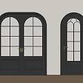 Arched Double Doors With Glass Panes Brass Handles On Light Colored Wall And Wooden Floor