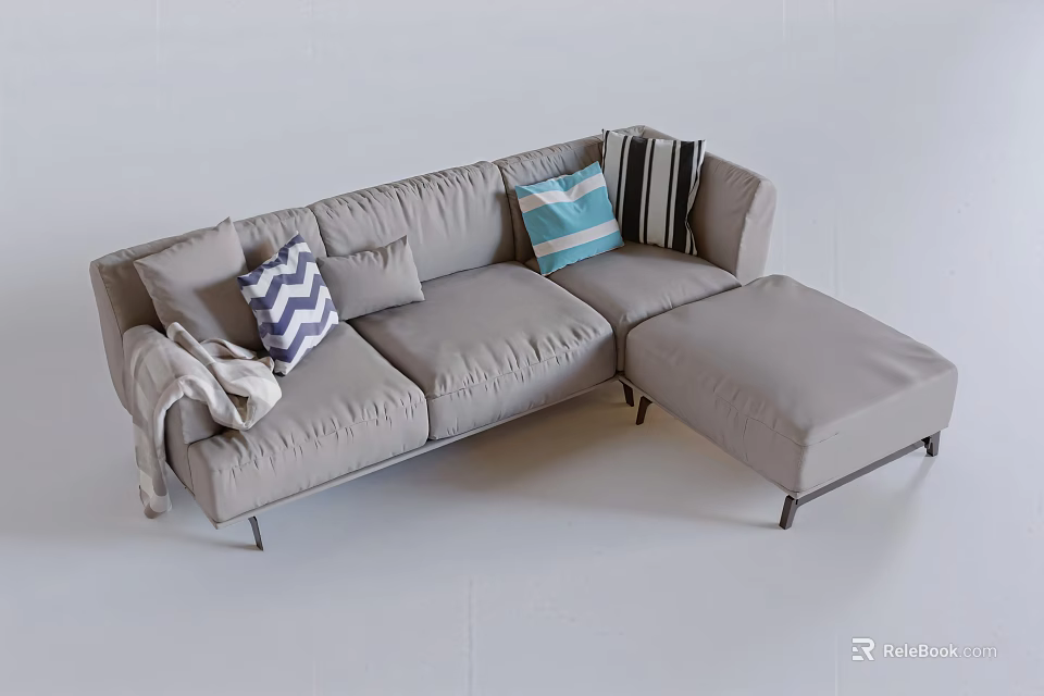 Gray L shaped Casual Sofa Set With Decorative Cushions And Throw Blanket 3d model