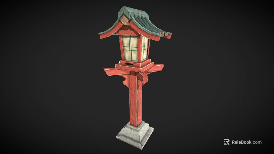 Traditional Japanese Red Lantern With Green Roof Square Shade And Stone Base 3d model 