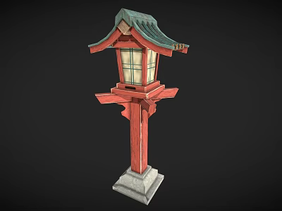 Traditional Japanese Red Lantern With Green Roof Square Shade And Stone Base 3d model