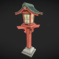 Traditional Japanese Red Lantern With Green Roof Square Shade And Stone Base