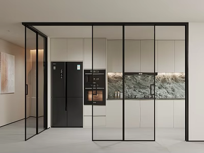 Modern Kitchen With Glass Sliding Doors Black Frames White Cabinets And Marble Backsplash 3d model