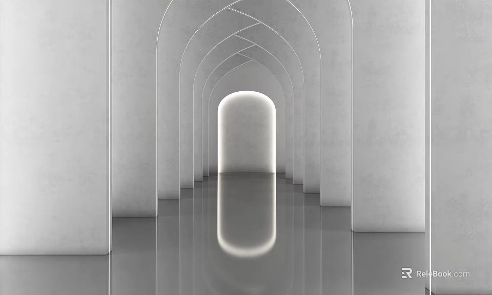 Elevator Corridor With Arched Structures White Walls Smooth Reflective Floor And Light At The End 3d model 