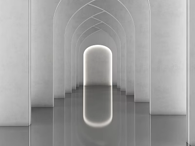 Elevator Corridor With Arched Structures White Walls Smooth Reflective Floor And Light At The End 3d model