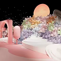 Enchanting Banquet Hall With Pink Theme Carousel Castle Tower Floral Decorations And Checkerboard Floor