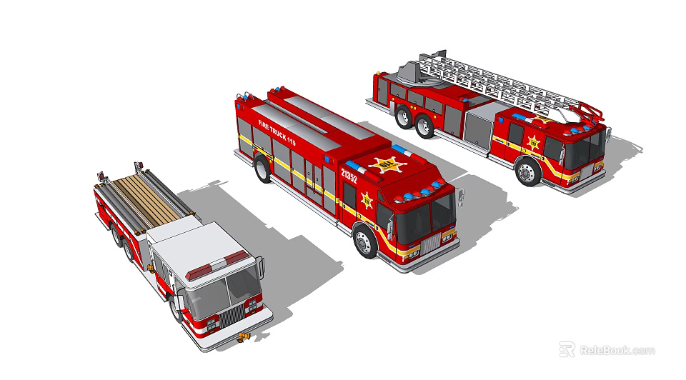 Three Different Red Fire Trucks Featuring Ladder and Emergency Rescue Equipment 3d model 