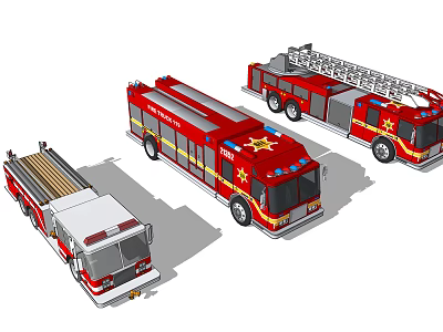 Three Different Red Fire Trucks Featuring Ladder and Emergency Rescue Equipment 3d model