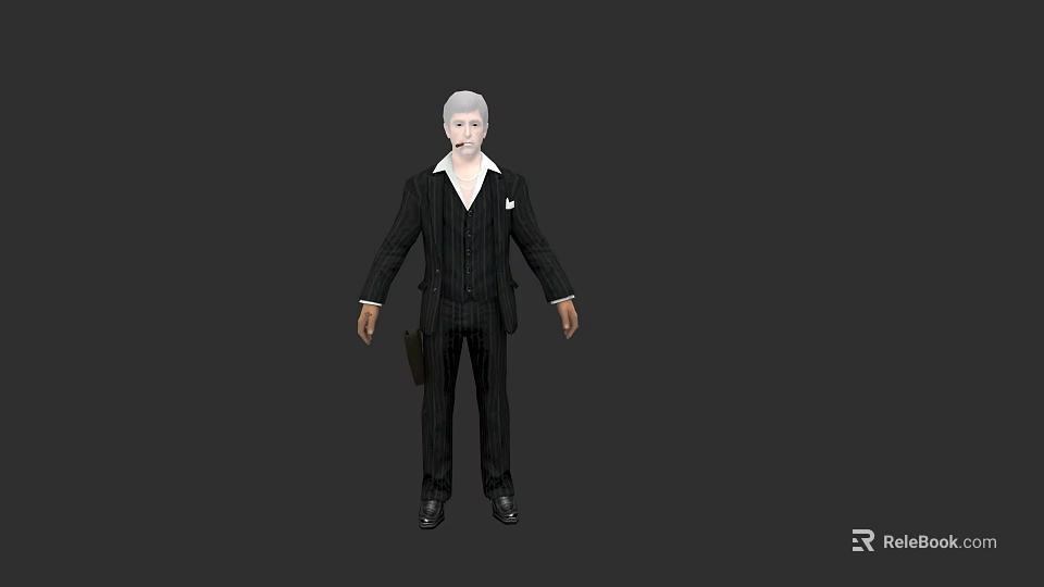 Game Movie Character in Black Striped Suit White Shirt Gray Hair Leather Briefcase 3d model 