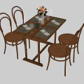 Wooden Dining Chairs Around Rustic Table With Tableware And Flowers 3d model