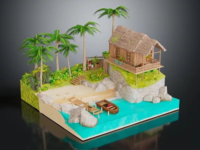 Cartoon Scene Featuring Thatched Hut Palm Trees Sand Beach And Small Boat On Water 3d model