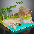 Cartoon Scene Featuring Thatched Hut Palm Trees Sand Beach And Small Boat On Water
