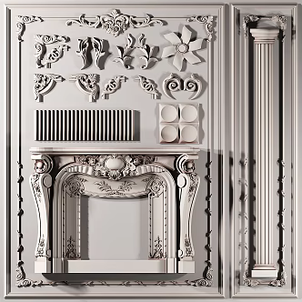 European-style carved corner flower Roman column fireplace group 3d model