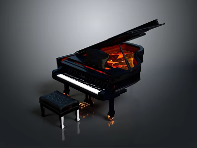 Black Grand Piano With Illuminated Interior And Matching Bench For Home Decor 3d model