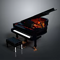 Black Grand Piano With Illuminated Interior And Matching Bench For Home Decor
