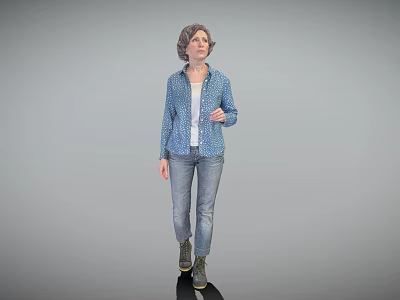A Woman Standing in Blue Polka Dot Shirt White Undershirt Jeans Boots on Gray Background 3d model