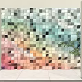 Colorful 3D Background Wall With Gradient Square Tiles And Green Plant