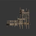 Ancient Wooden Architectural Structures Featuring Platforms Shelves Railings And Roof Frames