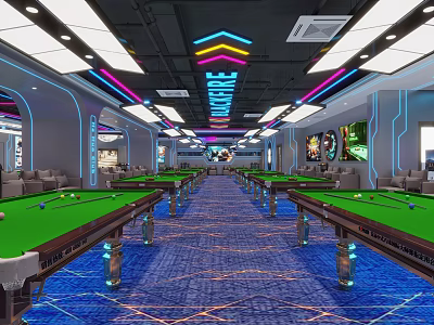 Modern Billiard Room With Multiple Pool Tables Colorful Lights And Comfortable Seating 3d model