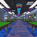 Modern Billiard Room With Multiple Pool Tables Colorful Lights And Comfortable Seating
