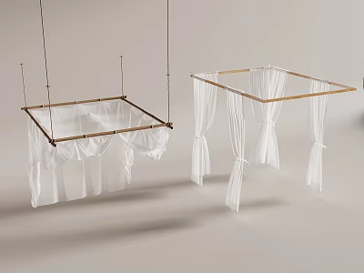 Hanging White Sheer Curtain Decorations With Wooden Frame And Suspended Design 3d model