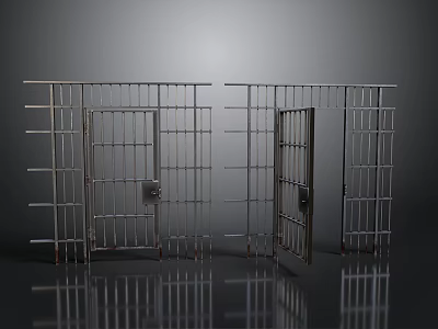 Metal Prison Doors With One Closed And One Open On Grey Reflective Floor 3d model