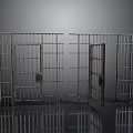 Metal Prison Doors With One Closed And One Open On Grey Reflective Floor