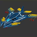 Futuristic Blue And Yellow Spaceship Model With Streamlined Wings And Red Engines