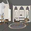Hotel Guest Room Interior With Arched Architectural Details Neutral Tones Rocking Chair And Natural Light