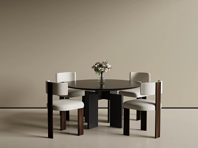 Round Black Table Four White Cushion Chairs Dark Brown Legs with Pink White Flower Vase 3d model