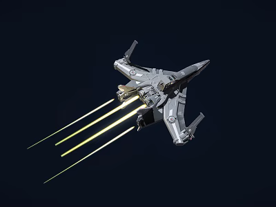 Silver Fighter Jet Flying with Yellow Afterburner Flames in Dark Sky 3d model