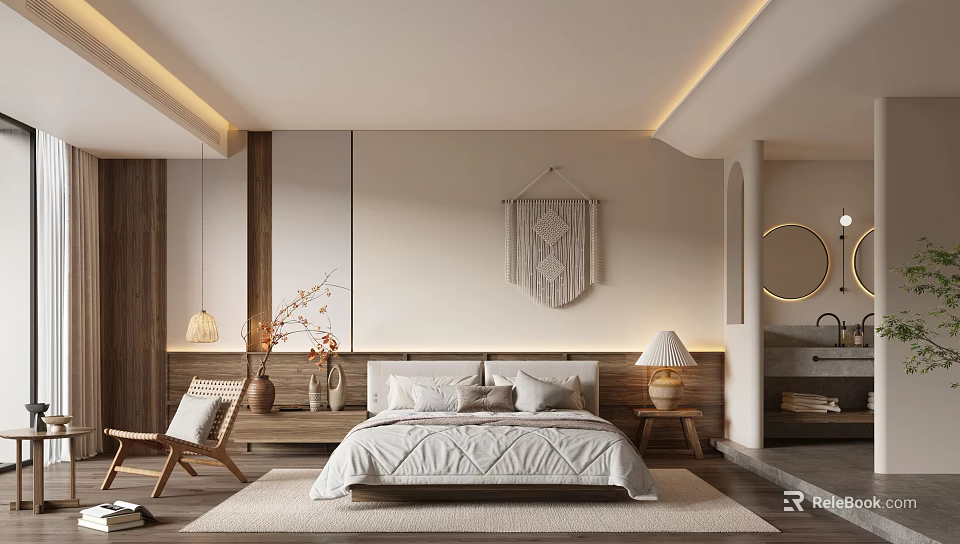 Modern Hotel Guest Room With King Bed Wooden Furniture And Stylish Wall Decorations 3d model 