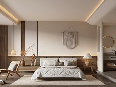Modern Hotel Guest Room With King Bed Wooden Furniture And Stylish Wall Decorations 3d model