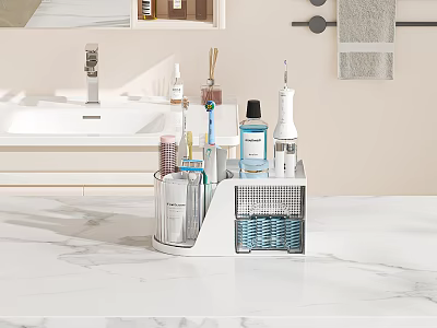Bathroom Vanity Sink With Marble Countertop And Organizer Holding Toothbrushes Electric Toothbrush And Skincare Bottles 3d model