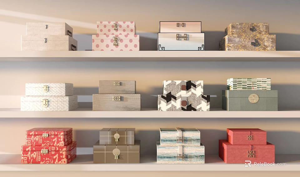 Colorful Decorative Storage Boxes With Various Patterns On Organized Shelves As Household Items 3d model 