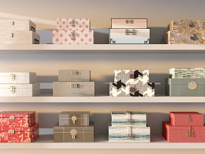 Colorful Decorative Storage Boxes With Various Patterns On Organized Shelves As Household Items 3d model