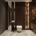 Luxury Modern Bathroom Interior With Large Round Mirror Golden Lights Marble Floor And Freestanding Bathtub