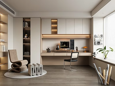 Modern Minimalist Bedroom Interior With Shelves Desk Computer Lighting And Plant 3d model