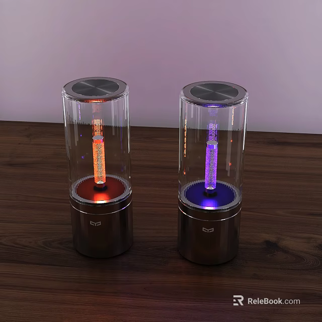 Transparent Cylindrical Table Lamps With Metal Base Illuminated Red Blue Light On Wooden Tabletop 3d model 