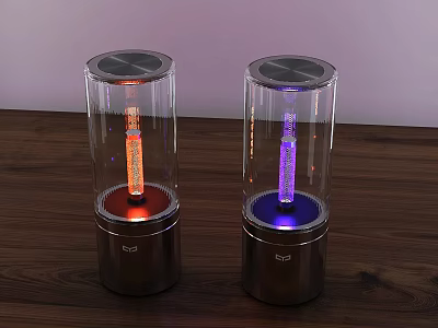 Transparent Cylindrical Table Lamps With Metal Base Illuminated Red Blue Light On Wooden Tabletop 3d model