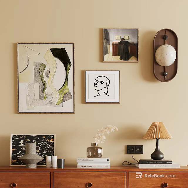 Abstract Paintings Wall Decor With Colorful Shapes And Minimalist Frames On Beige Background 3d model 