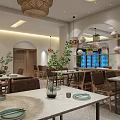 Modern Mall Restaurant Interior With Wooden Tables Rattan Chairs Pendant Lights And Green Plants