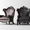 Classic Carved Leisure Chairs With Black Frame And Dark Brown Black Upholstery
