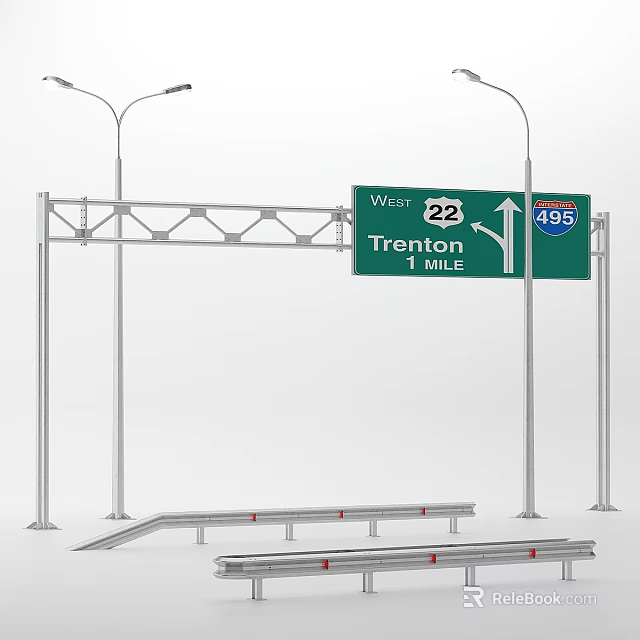 Road Infrastructure with Highway Signs Directional Indicators Route 22 495 Trenton Street Lamps Road Barriers 3d model 