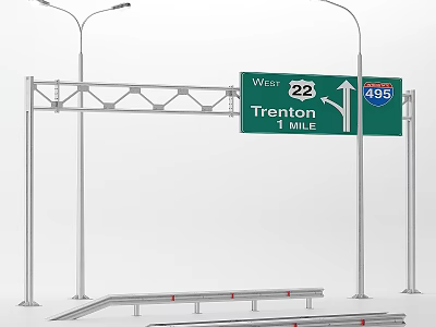 Road Infrastructure with Highway Signs Directional Indicators Route 22 495 Trenton Street Lamps Road Barriers 3d model