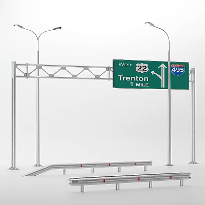 Road Infrastructure with Highway Signs Directional Indicators Route 22 495 Trenton Street Lamps Road Barriers 3d model